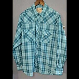 Vintage Wrangler Western Fashion Pearl Snap Size XL Long Sleeve Teal Plaid Men's